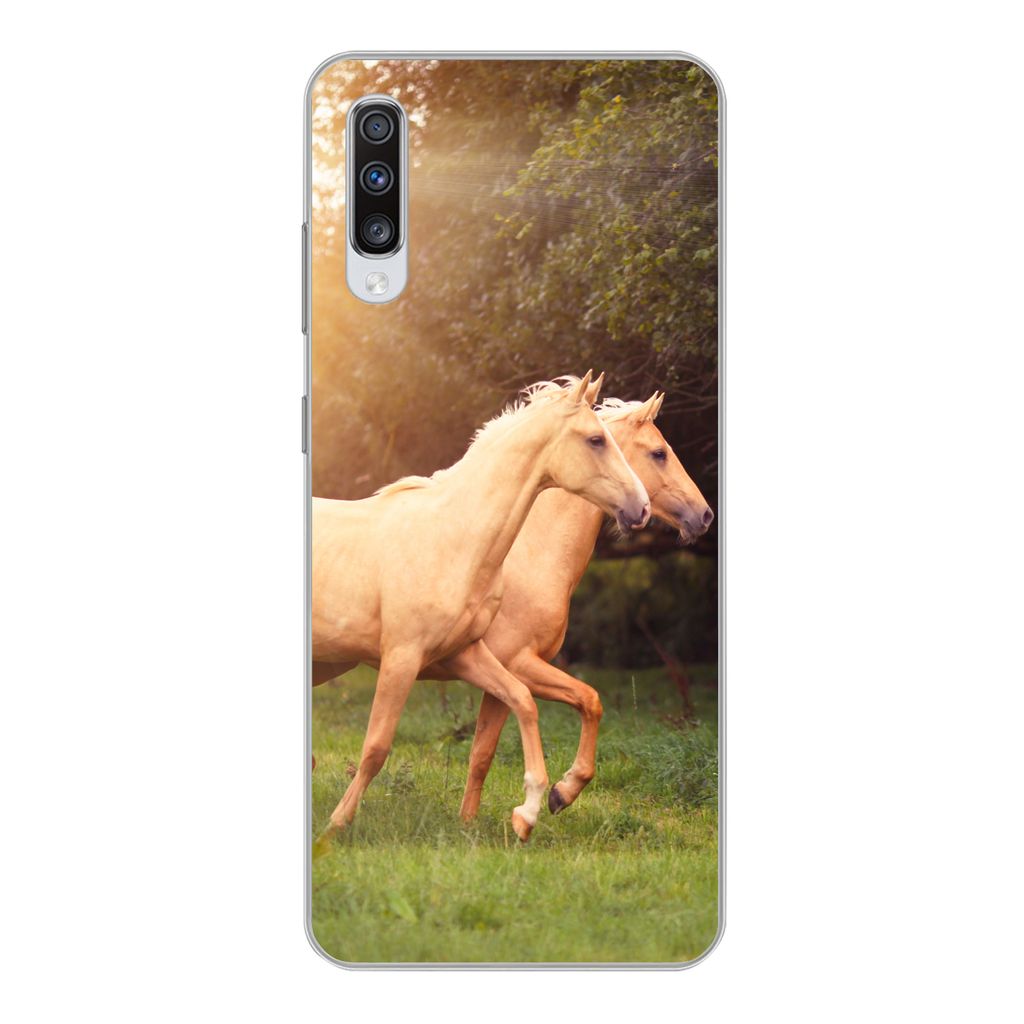 MuchoWow Handyhülle Schutzhülle Hülle für Samsung Galaxy A70 Pferde - Wald - Sonne Silikon Softcase Handy Hülle - Schutzhaube