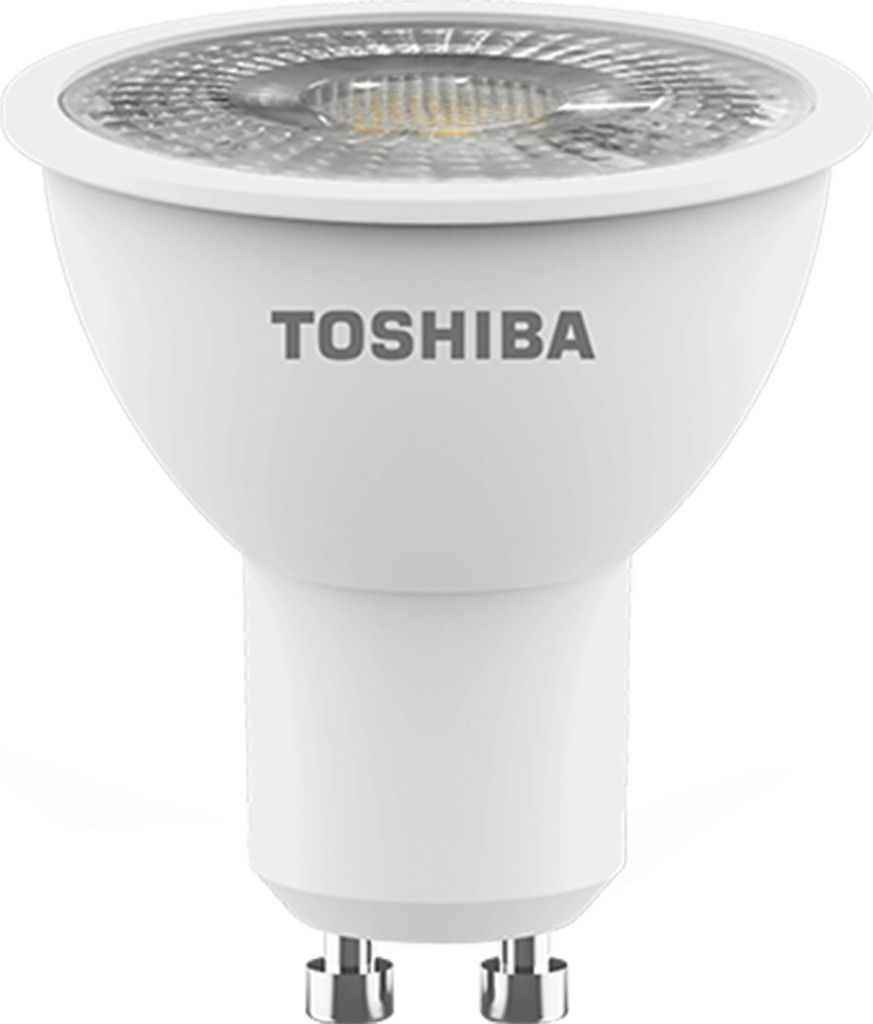 A single white LED spotlight bulb with a Toshiba logo on a white background.