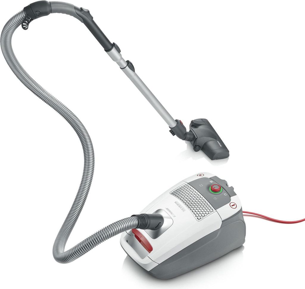 A vacuum cleaner and its hose and nozzle, isolated on a white background.