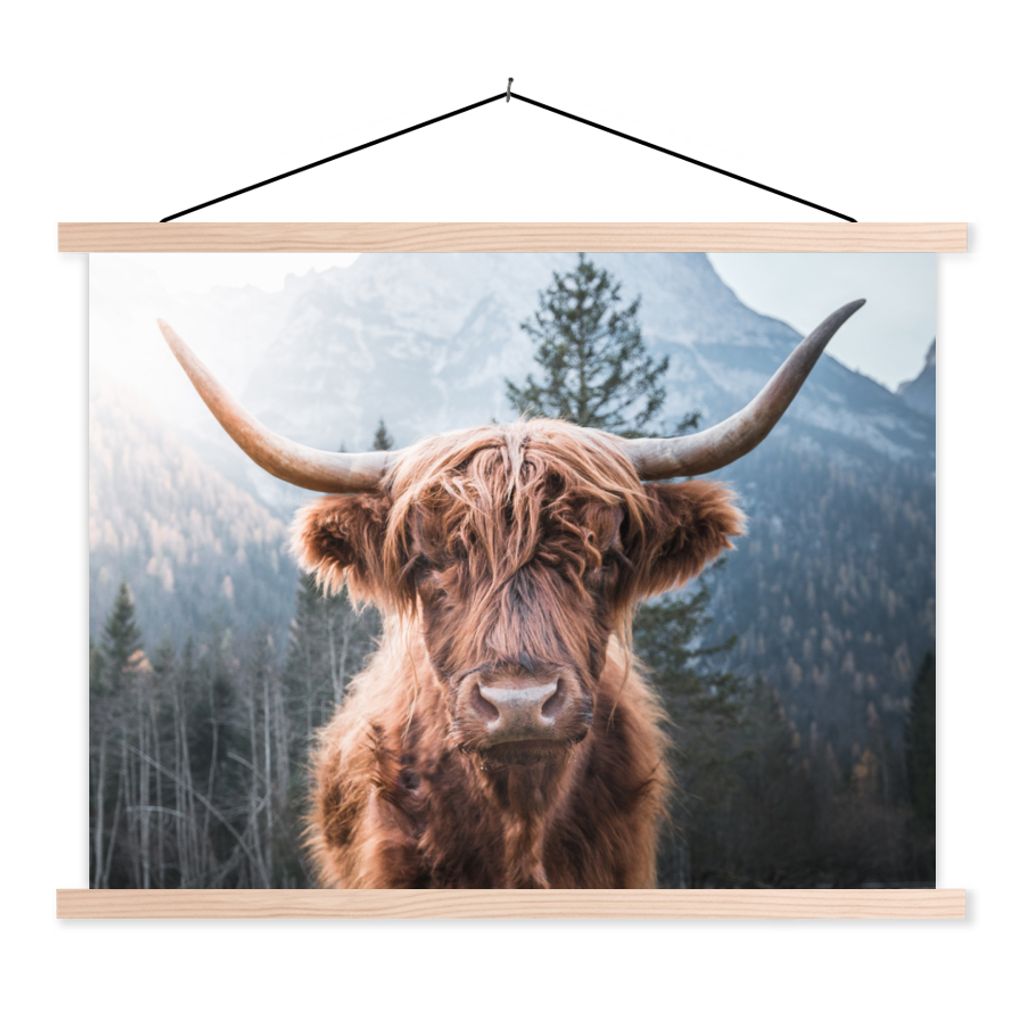 MuchoWow Textilposter Schottischer Hochländer - Kuh - Tiere - Berg - Natur 120x90 cm mit holzfarbenen Rahmen - Magnetisch