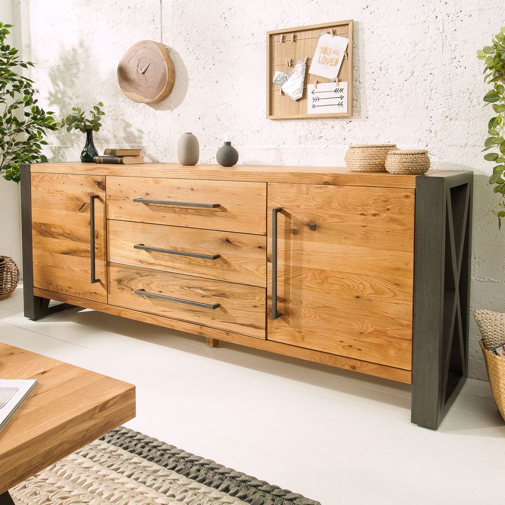 riess-ambiente Massivholz Sideboard THOR 200cm natur Wildeiche geölt Baumkante Metall schwarz Kommode Schrank Wohnzimmerschrank