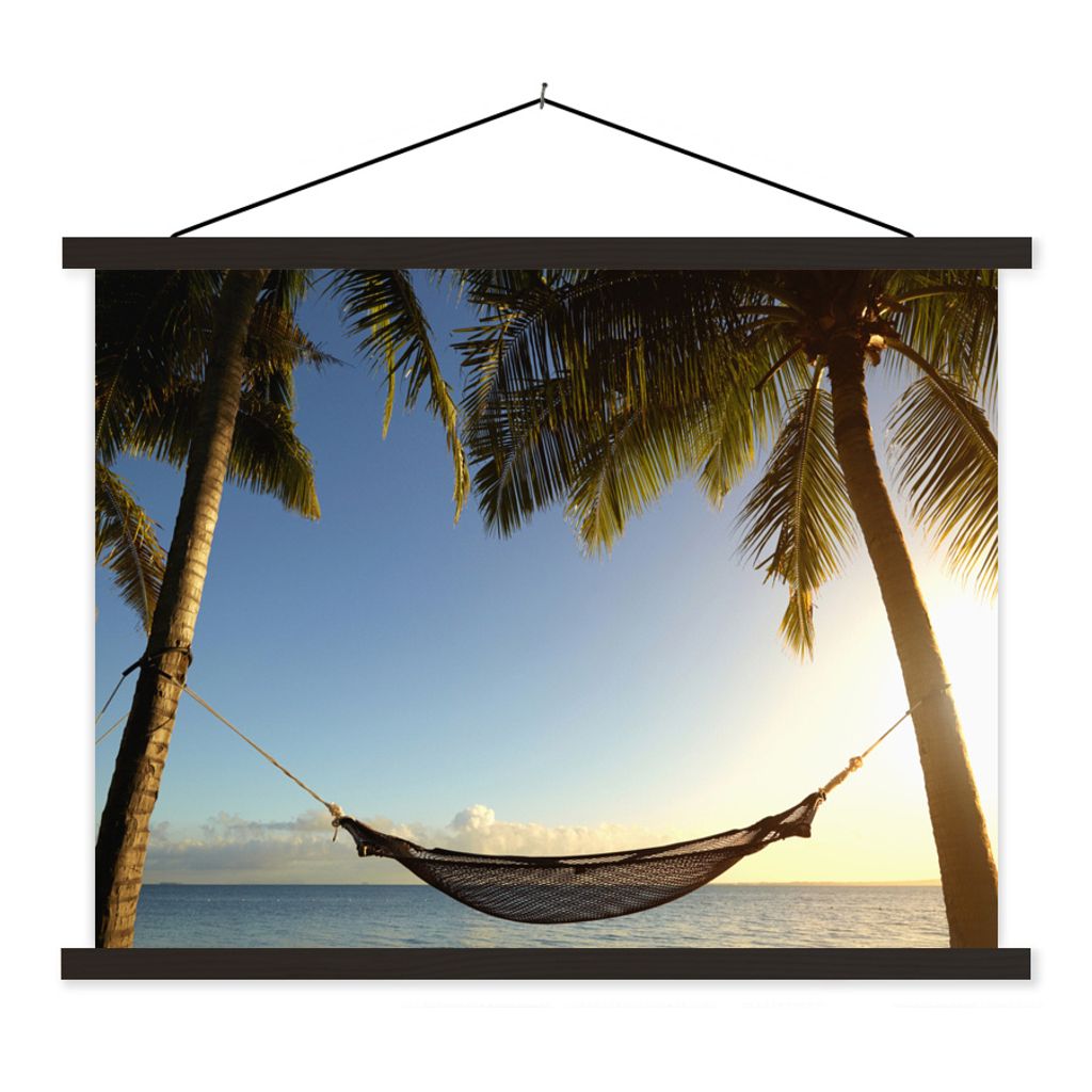 MuchoWow Textilposter Strand - Hängematte - Palmen 120x90 cm mit schwarzem Rahmen - Aufhänger für Poster