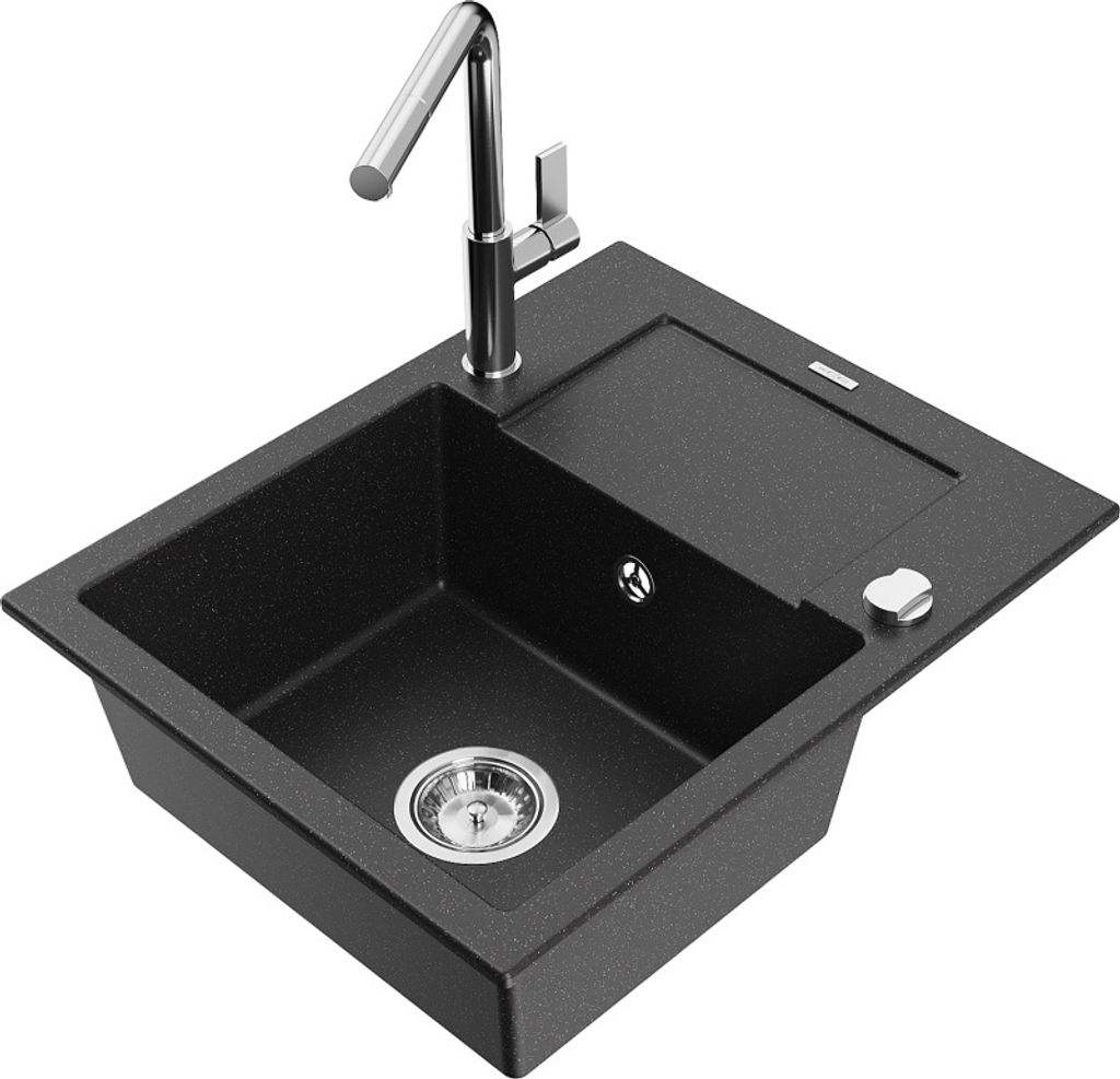 Mexen Enzo 1 Becken-Granitspüle mit Abtropffläche und Mischbatterie Flora, Schwarz/Silbermetallic - 6506-73-670401-00