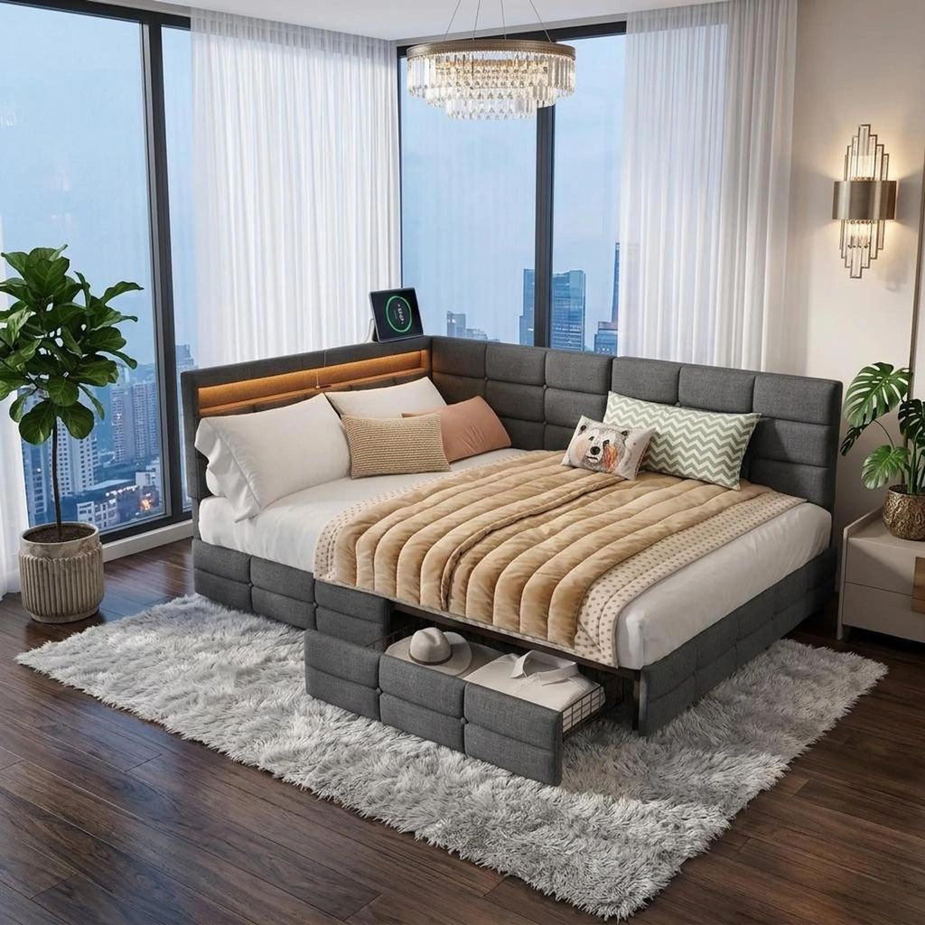 Cama tapizada INONEFT de 140x190 cm con LED y USB, sofá Imagen del producto 