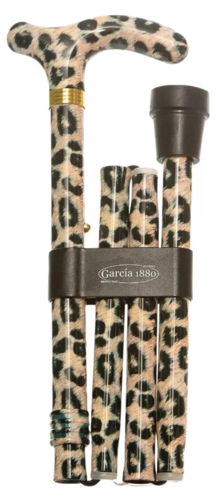 Garcia 1880 Faltbarer Gehstock – Petit-Derby-Griff – Leopardenmuster – Verstellbar von 84 bis 94 cm – Aluminiumschaft – Derby-Griff