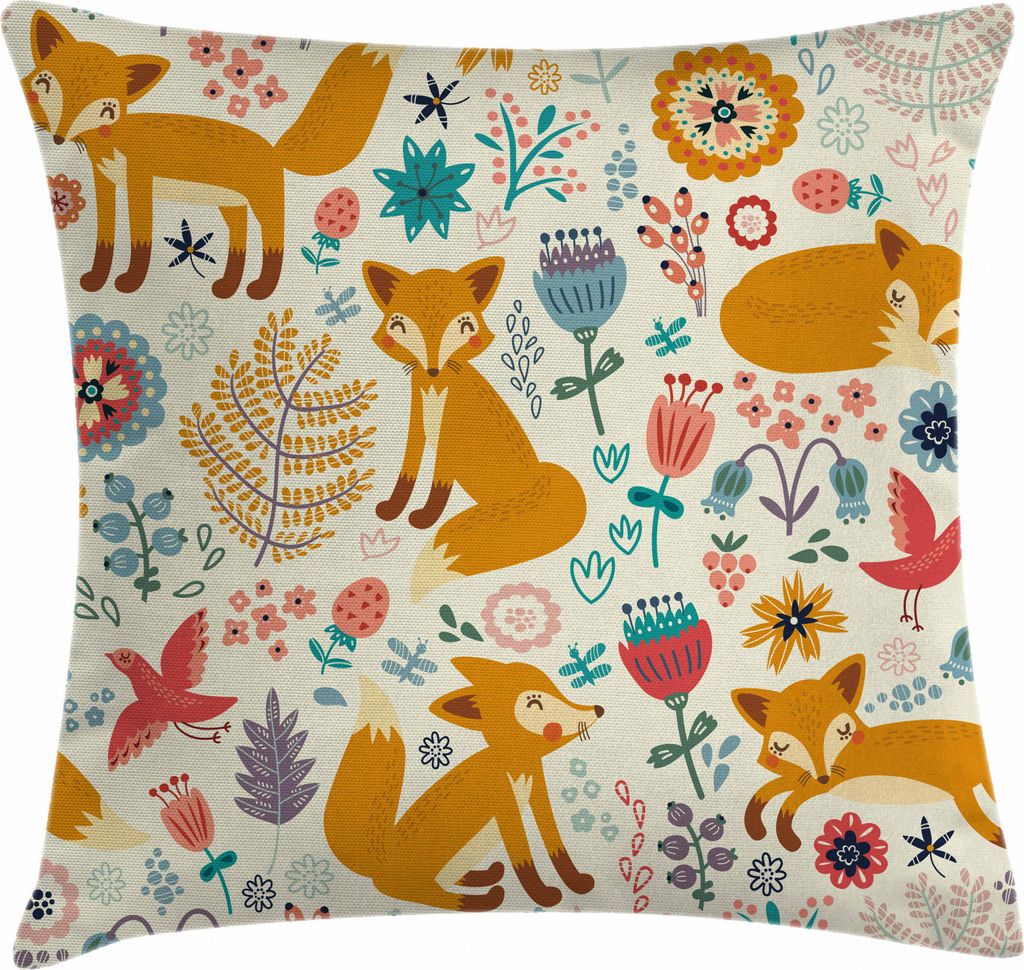 ABAKUHAUS Fuchs Kissenbezug, Füchse Aufwändige Blumen Vögel, Digitaldruck Waschbar Farbfester Kopfkissenhülle Reißverschluß Beidseitiger Druc...