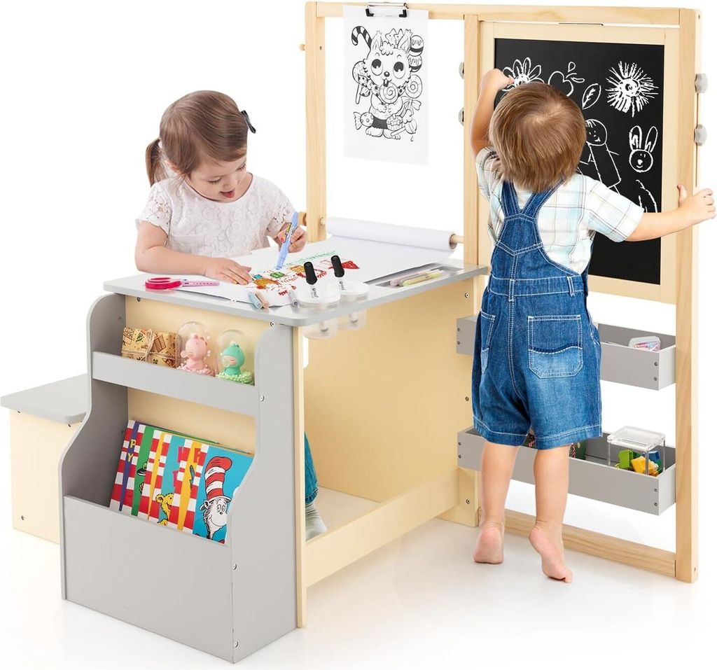 3 in 1 Kinder Staffelei, höhenverstellbares Kinder Tisch Stuhl Set mit Strauraum, Papierrolle, Ablagefächer & Bücherregal, Maltisch Set für Kin...