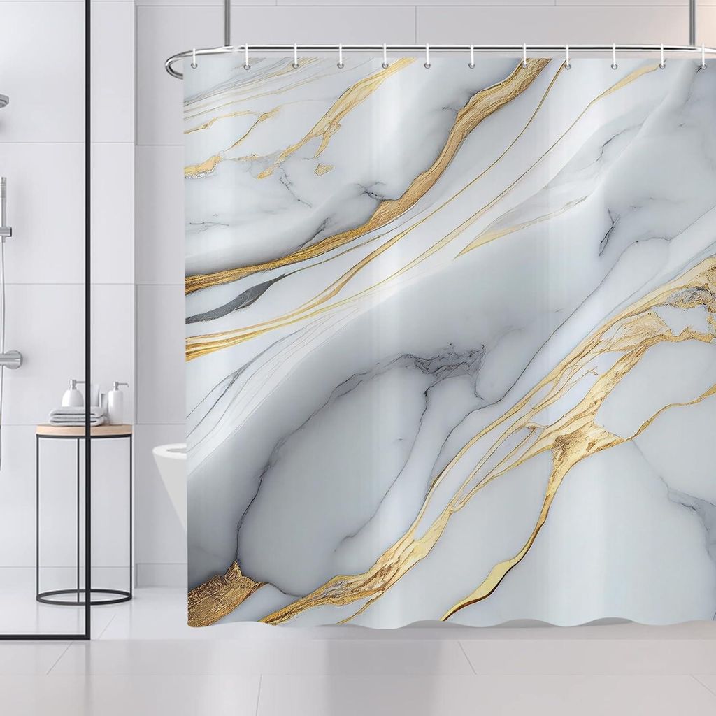Duschvorhang in Marmoroptik, 180 x 200 cm, moderne abstrakte Textur mit Marmoroptik in Grau, Cyan, Gold und Weiß, waschbar, aus Polyestergewebe, w...