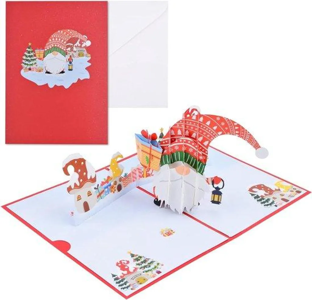 Carte de Noël Pop-up Design 3D Père Noël avec Lutin - Format Moyen