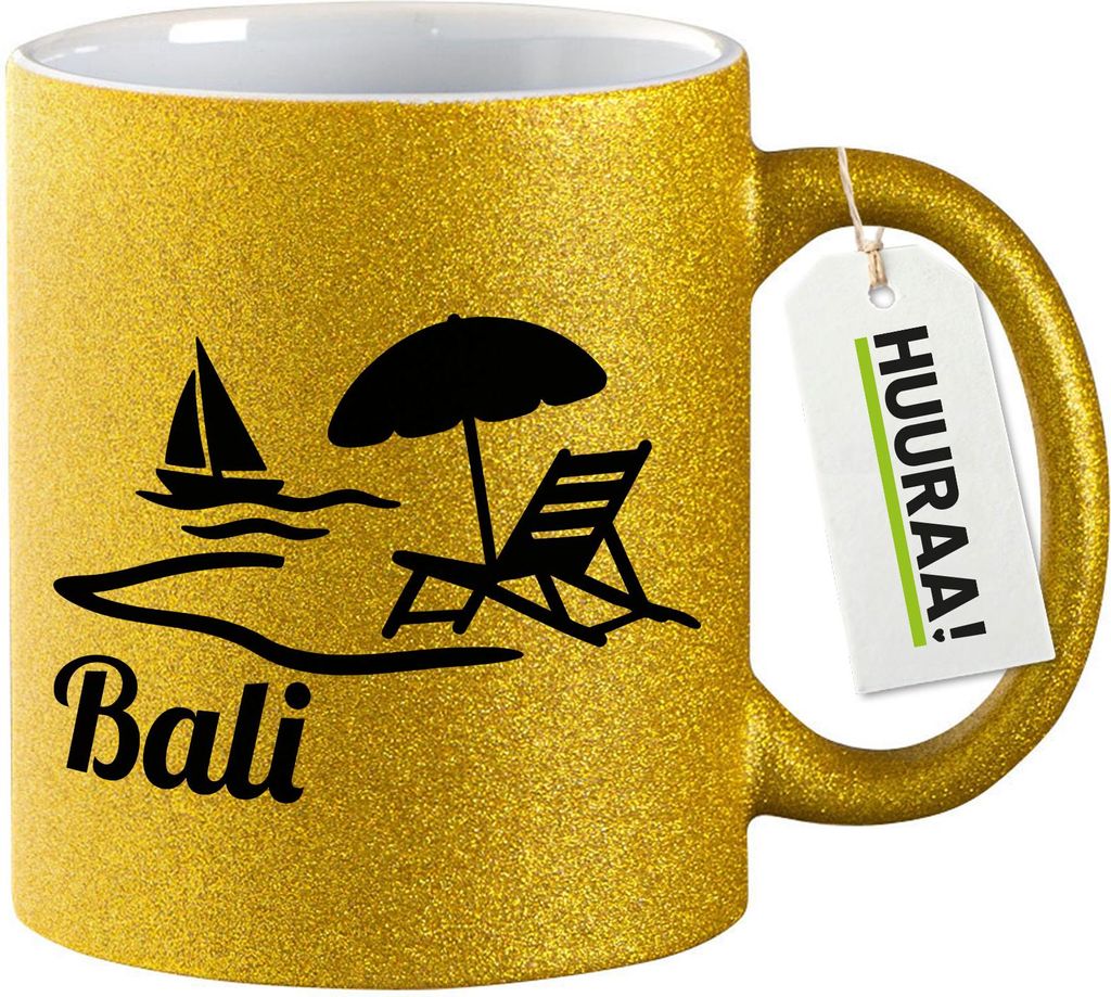 Huuraa Glitzertasse Bali Inselmotiv Indonesien 330ml Gold Keramik Kaffeebecher Geschenkidee