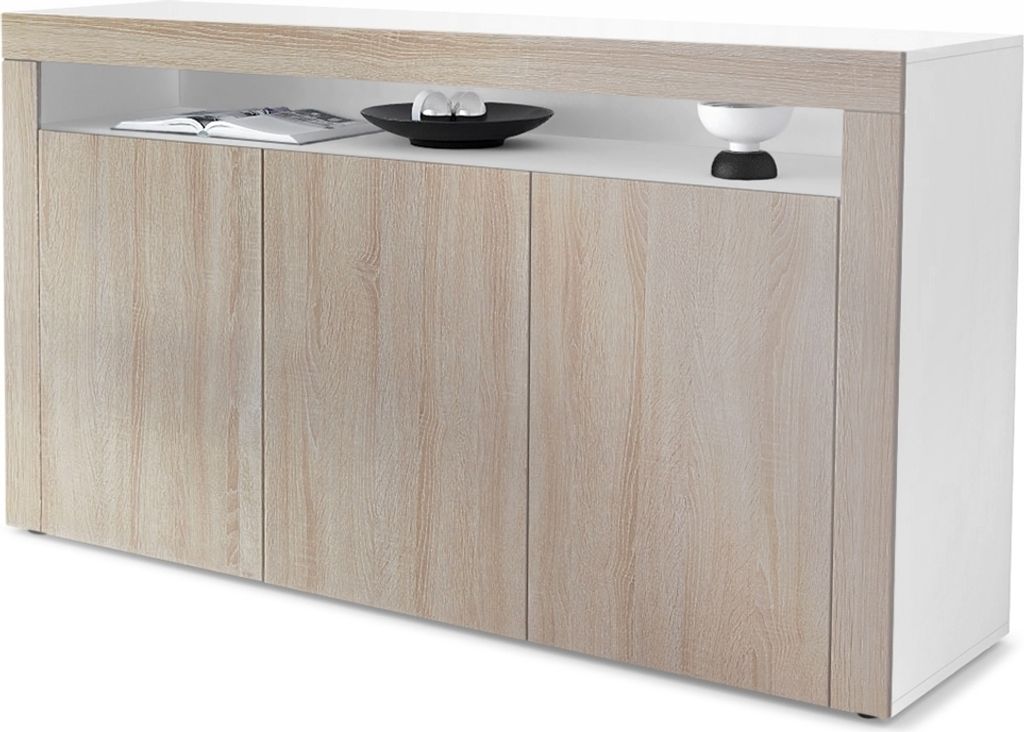 Vladon Sideboard Valencia, Germany, Kommode mit 3 Türen und 1 offenem Fach, Weiß matt/Eiche sägerau/Eiche sägerau (155 x 92 x 40 cm)