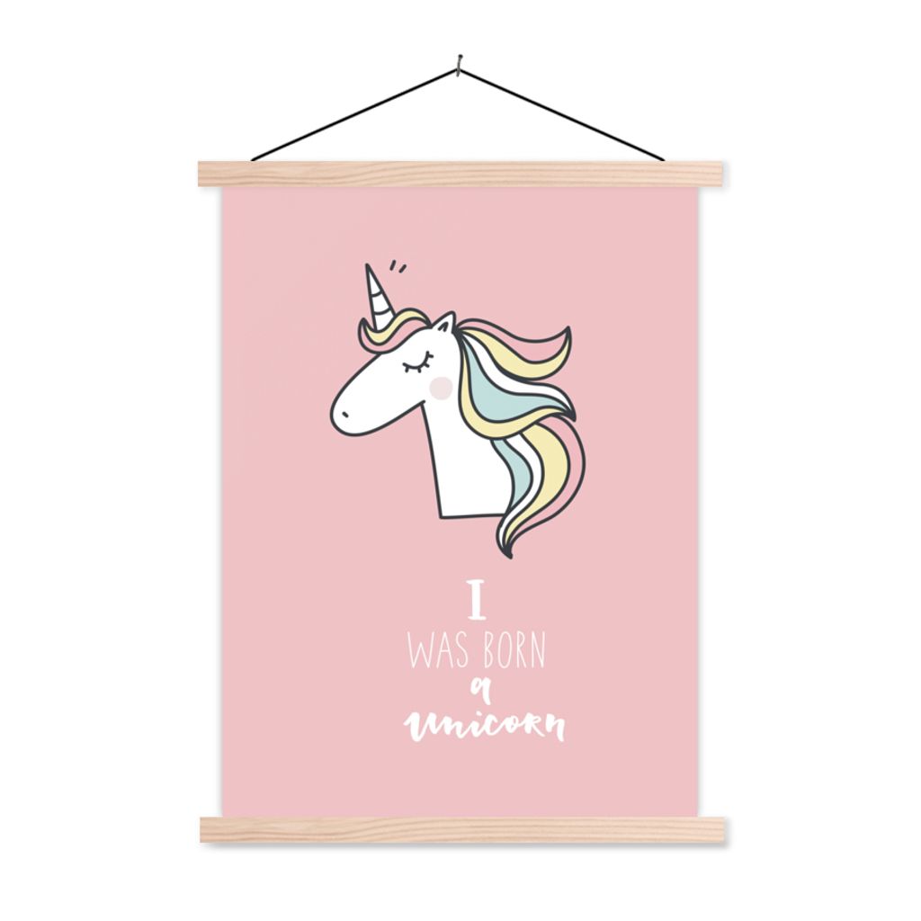 MuchoWow Textilposter Einhorn - Zitate - Rosa - Ich wurde als Einhorn geboren - Mädchen - Kind 120x160 cm mit holzfarbenen Rahmen - Plakatkarton