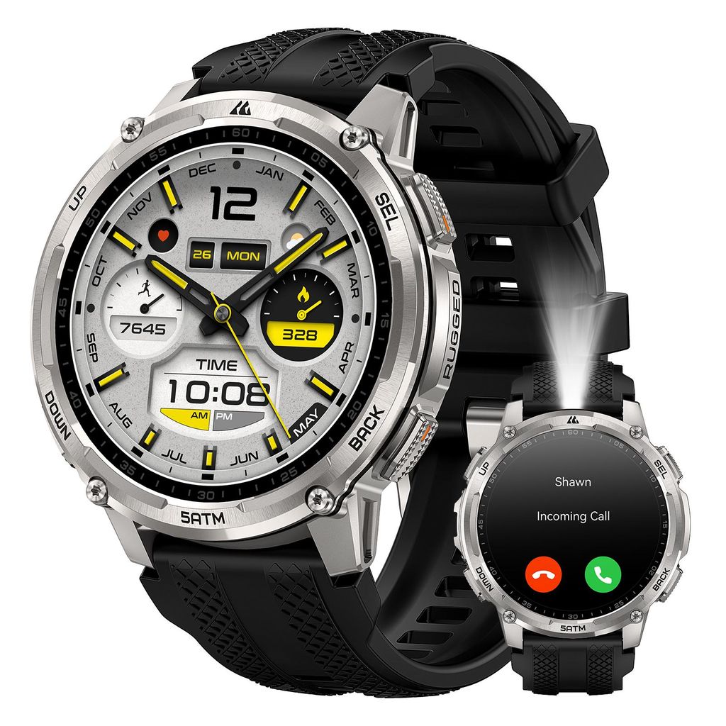 KOSPET T4C Herren-Smartwatch mit GPS, LED-Taschenlampe und Walkie-Talkie, Ganzmetallgehäuse, 5 ATM wasserdicht – Silber