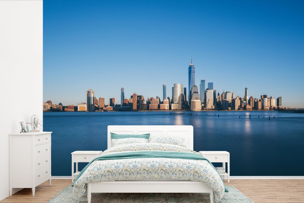 MuchoWow Fototapete für Wohnzimmer oder Schlafzimmer Wandtapete Vinyl Motivtapete New York - Skyline - Blau - 450x300 cm - Gemusterte