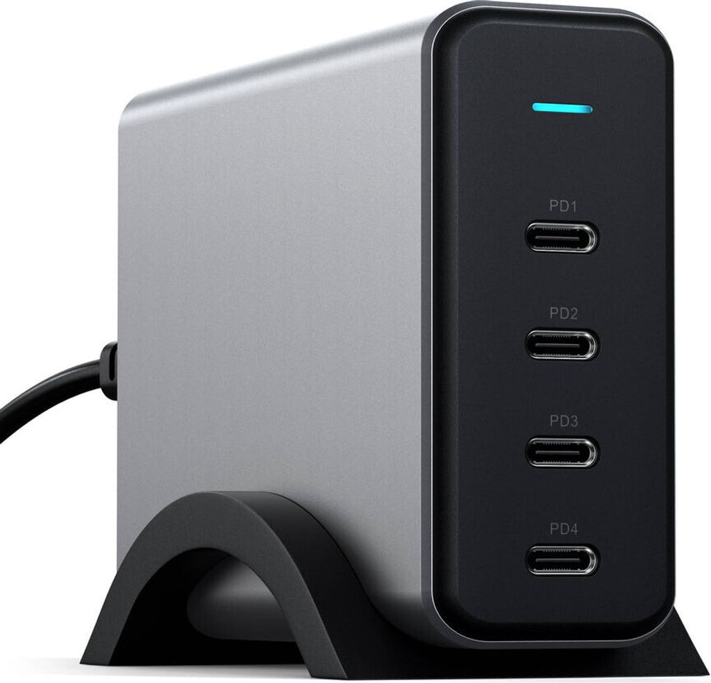 A Satechi charging hub is shown on a black stand against a white background.