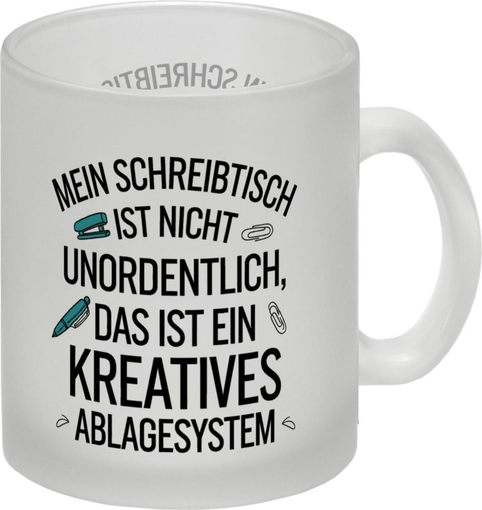 Schreibtisch ist nicht unordentlich, kreatives Ablagesystem Glas Tasse Büro
