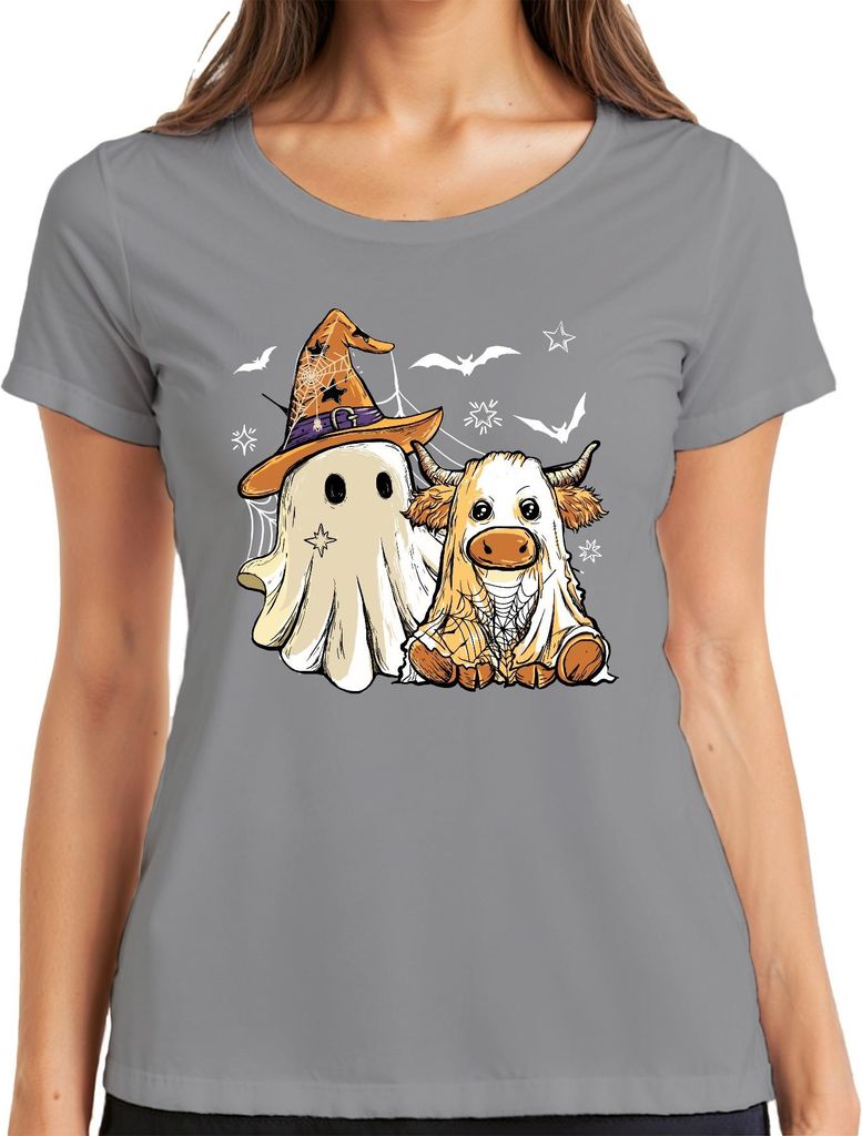 Halloween Kuh Geist süßes Kostüm Spinnennetz Hexenhut Cartoon Damen T-Shirt, Grau, L