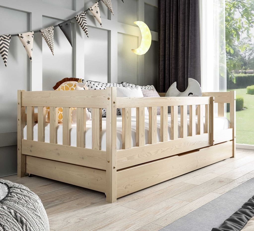 Kinderbett mit Matratze und Schublade 80 x 190 cm in Kiefer Holzbett, Einzelbett für Kinder ZOSIA