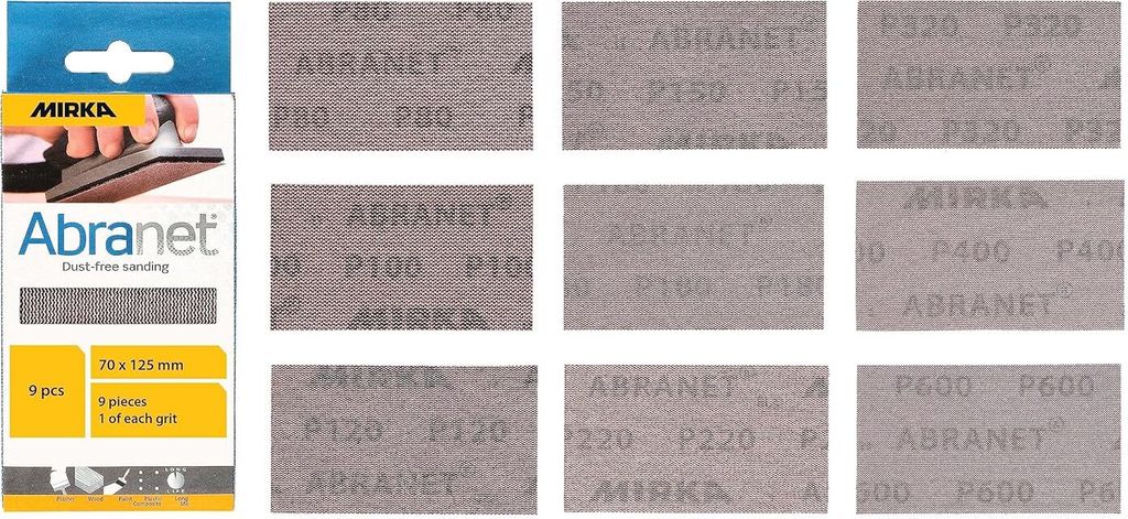 Mirka Abranet Netzschleifstreifen 70mm x 125mm Klett / Mix-Pack 1 von jeder Körnung 80, 100, 120, 150, 180, 220, 320, 400, 600 / 9 Stk / zum Schl...