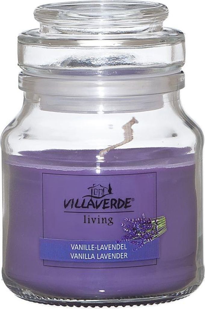 Villa Verde Duftkerze im Glas m. Deckel Vanille-Lavendel, H: 7,8 cm, Ø 7 cm
