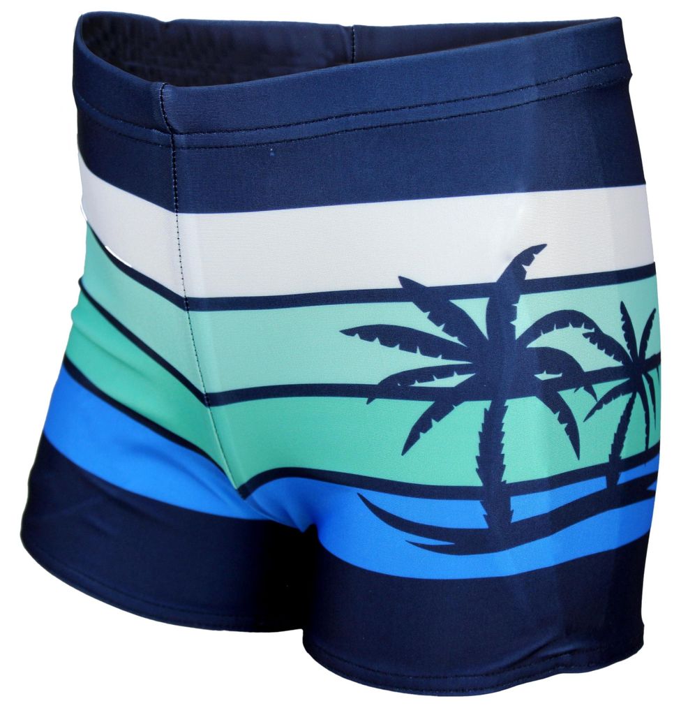 Aquarti Jungen Badehose Gestreift mit Motiven, Farbe: Dunkelblau / Grün / Palmen, Größe: 140
