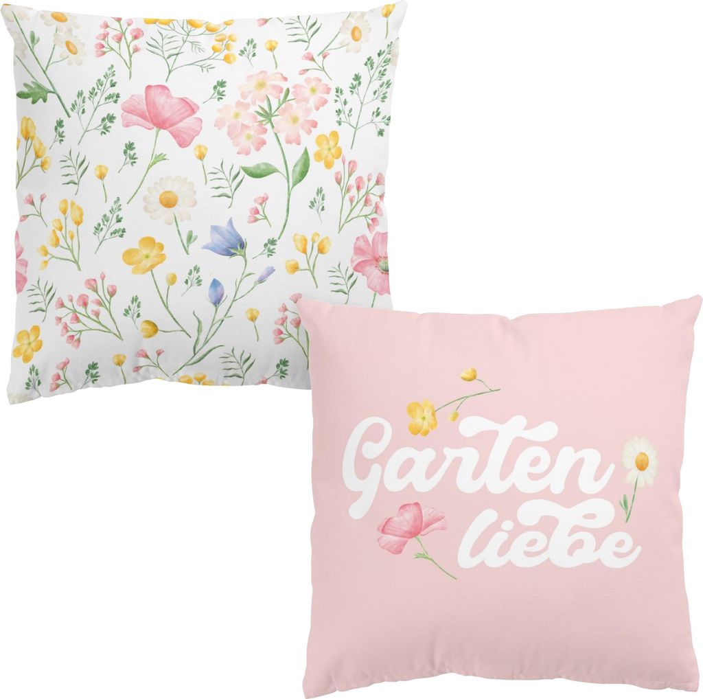 Dekokissen 2-teilig Blumen drinnen / Indoor Zierkissen Samt waschbar Blumenwiese bunt Landhaus Sofakissen mit Füllung