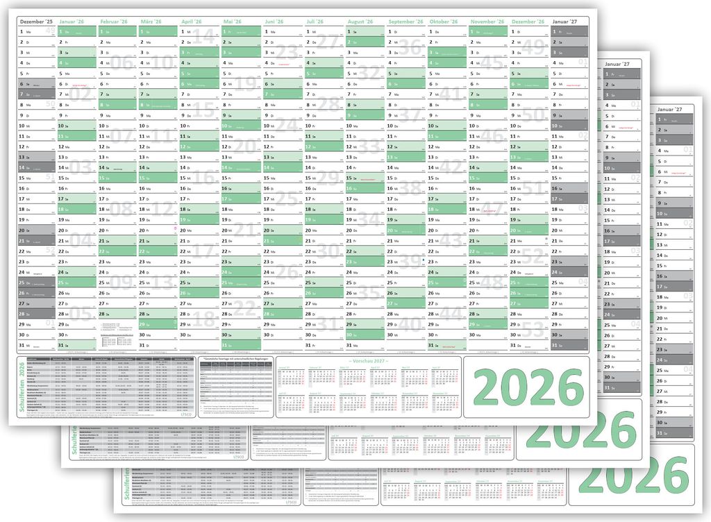 3 Stück Green Wandkalender Wandplaner 2026 gefaltet DIN A2 Format (420 x 594 mm) mit 14 Monaten