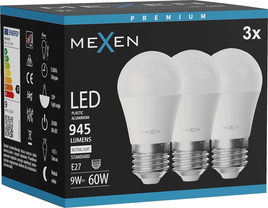 Mexen Nova 3x LED-Glühbirne E27, G45, 9W, Neutral - 4000K, Produktbild 
