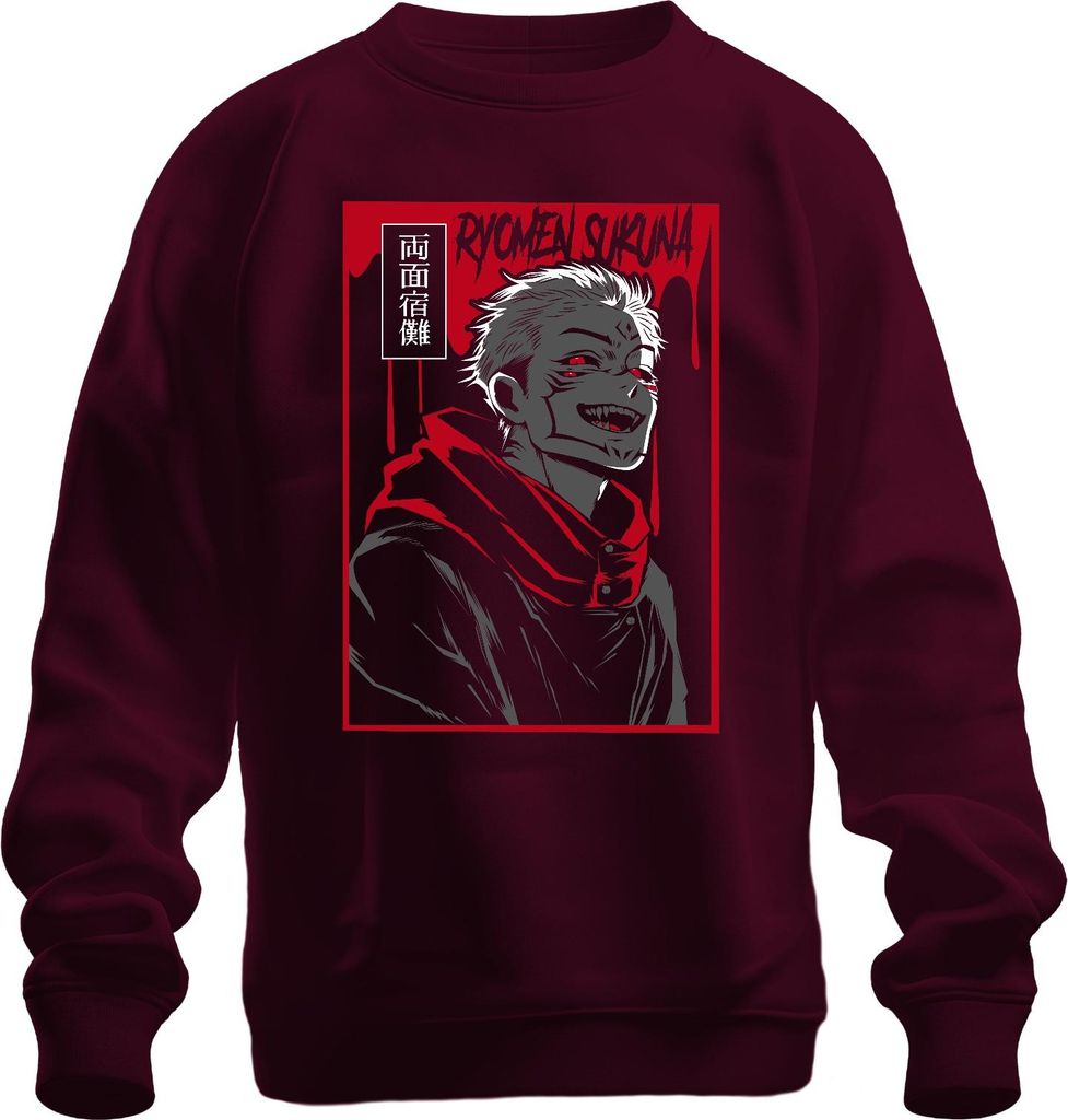 Ryomen Sukuna Jujutsu Kaisen Dämon Rot Schwarz Anime Ästhetik Uni Sweatshirt Pullover, Burgundy, 3XL