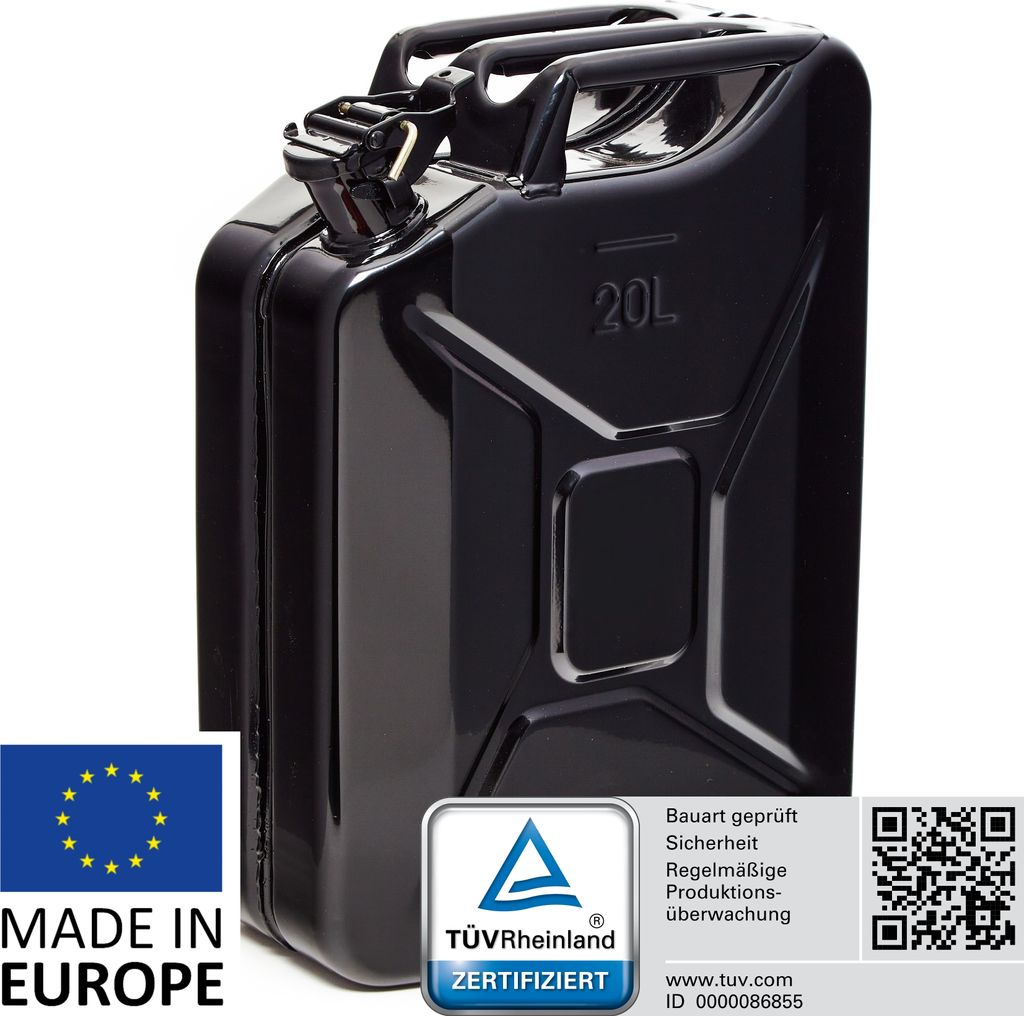 BW Kraftstoffkanister Metall Benzinkanister 20 Liter - Schwarz RAL 9005 - UN-Zulassung - Hergestellt in Europa