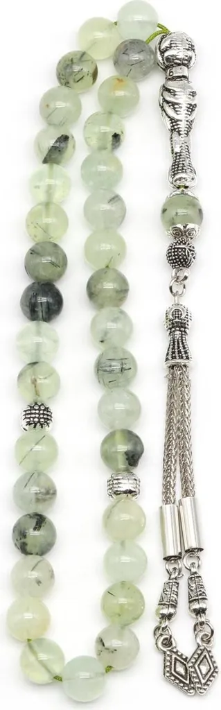 Tesbih en préhnite naturelle verte - 33 perles rondes artisanales 28 cm