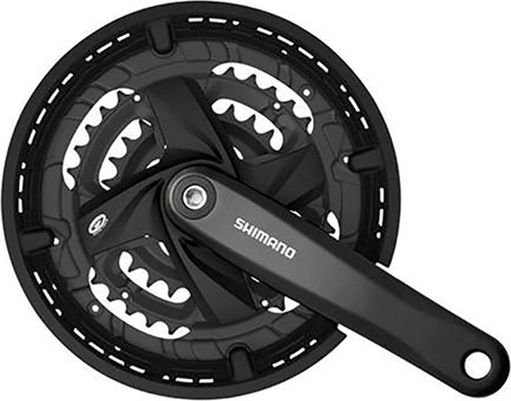 A black bicycle crankset with three chainrings is shown against a white background.