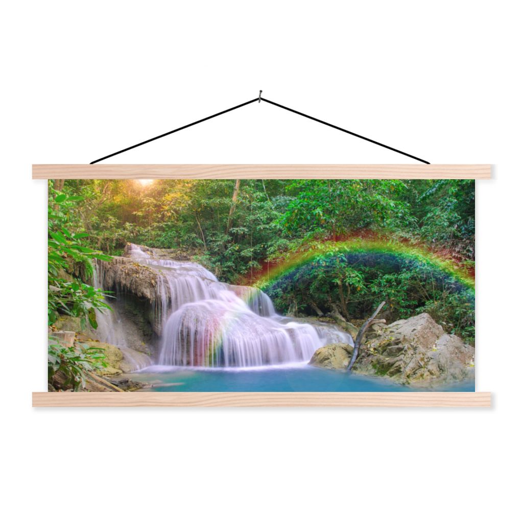 MuchoWow Textilposter Regenbogen - Sonne - Wasserfall - Natur 120x60 cm mit holzfarbenen Rahmen - Klemmleiste