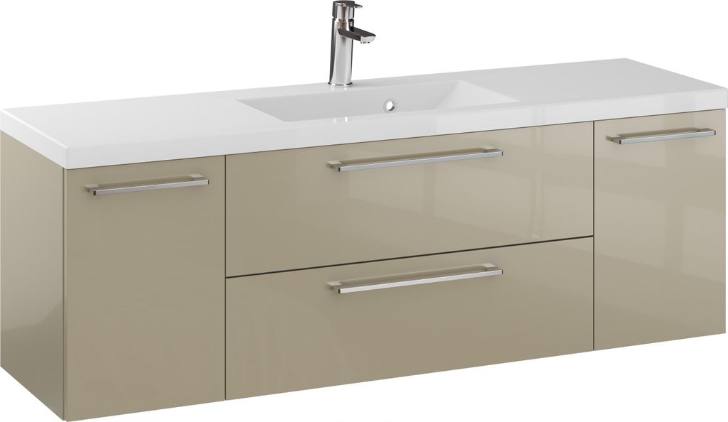 Rosen 140.2 cm Badezimmerschrank in Cappuccino Hochglanz mit Waschbecken und verchromten Griffen - Zeitloses Design