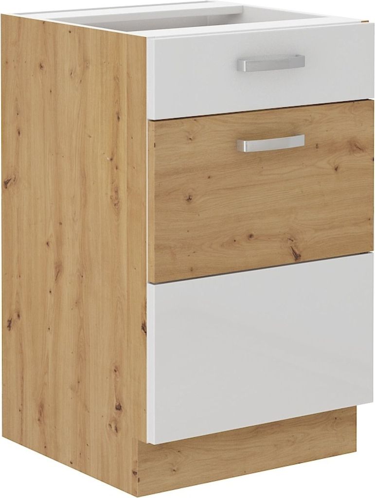 Unterschrank 50 Eiche Artisan + Weiß Hochglanz Küchenzeile Vollauszug Soft-Close