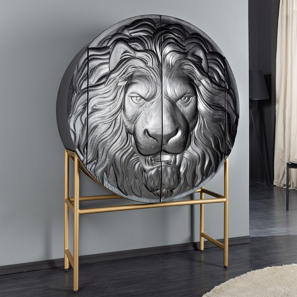 riess-ambiente Massives Highboard LION 140cm schwarz gold Mangoholz 3D Schnitzereien Kunstwerk