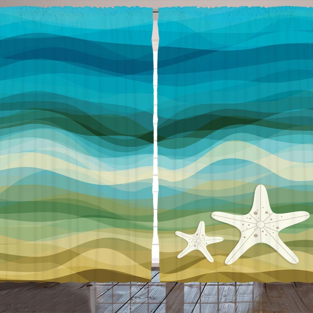 ARANDE Abstrakt Gardine, Abstrakte Design Moderne Illustration Wellen Starfish Sandy Strand Wasser Themas, 280 x 175 cm, Beige Blau