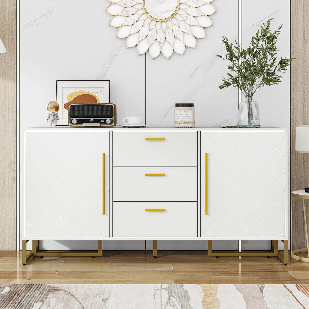Sideboard Kommode mit 2 Türen & 3 Schubladen Anrichte Fischgräten-Muster Chevron-Design für Wohnzimmer Küche Flur Weiß