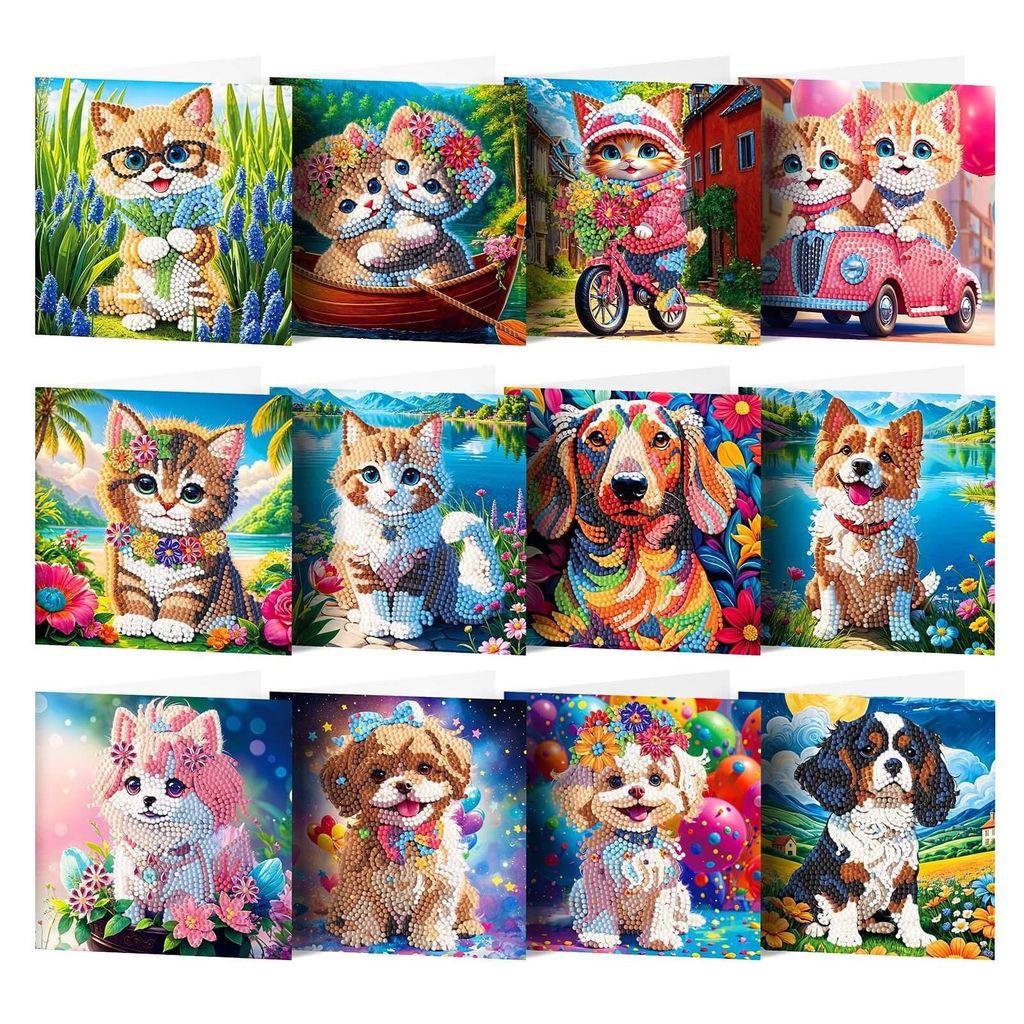 Diamond Painting Karten Set – 12 Katzen & Hunde Grußkarten Produktbild 