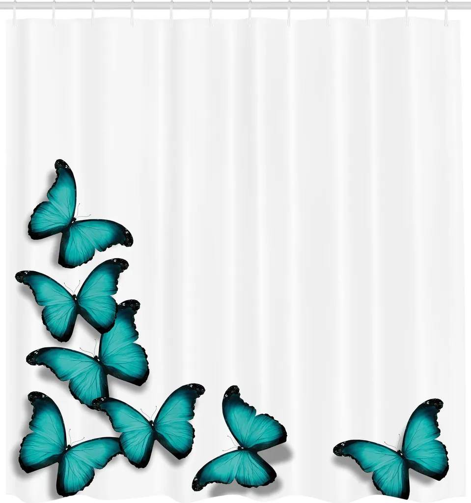 Rideau de douche textile turquoise 175x240 cm motif papillon avec crochets