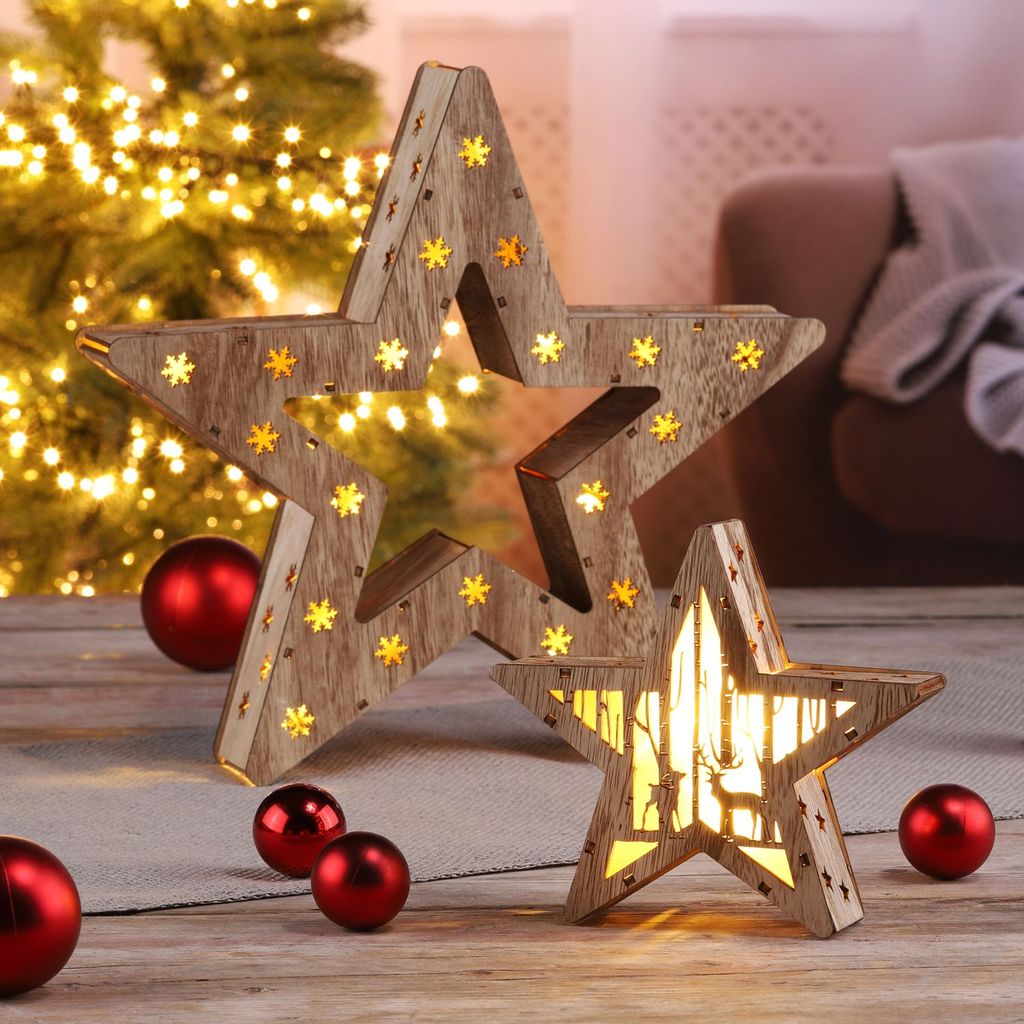 Zwei LED Holzsterne Weihnachts-Deko Stern aus