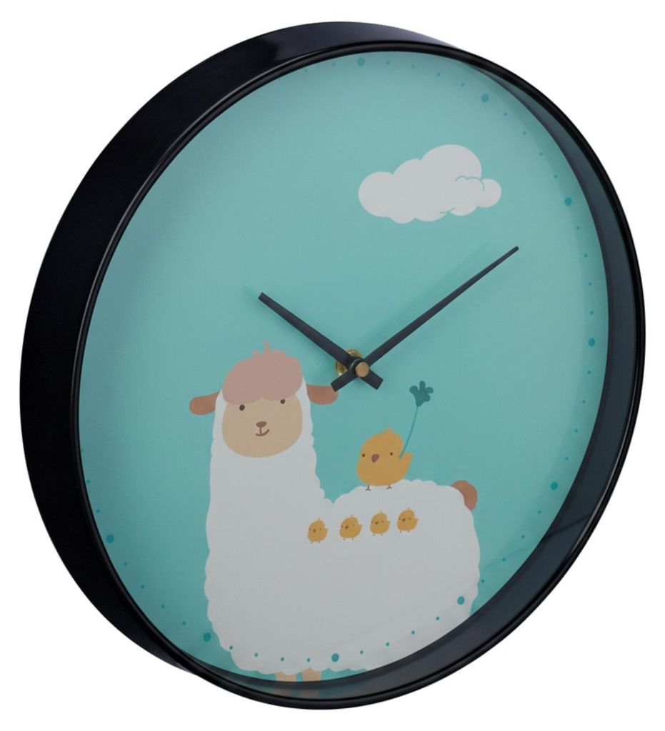 Relaxdays Wanduhr Lama, Ø 29,5 cm, Alpaka Uhr für Kinder, Kinderzimmeruhr Jungen & Mädchen, analog, Kinderuhr Wand, blau