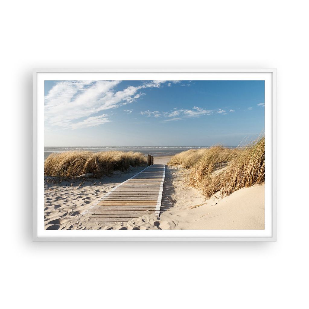 Gerahmtes Poster - Weißer Rahmen - Strand Meer Fußgängerbrücke Ufer - 100x70 cm - Wand Bild - Wanddeko - Wandbilder - Wandposter - Bilderrahmen...