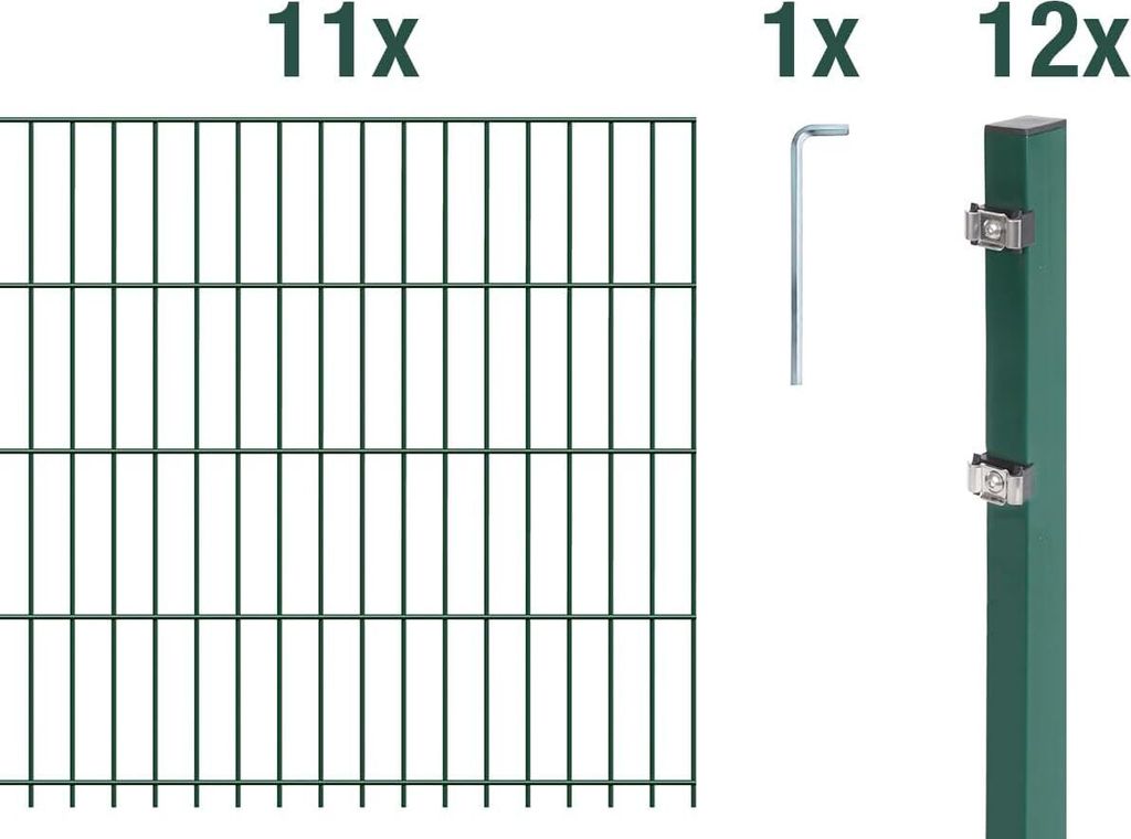 Alberts Doppelstabmattenzaun 6-5-6, Matten 2,50 m, Höhe 1,23 m, Länge 27,5 m, grün, Zaun als Komplettset, Pfosten mit Klemmlasche 60x40 mm