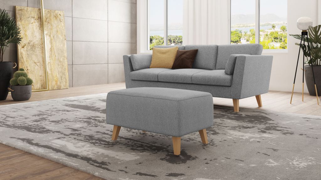 S-STYLE MÖBEL - Fußhocker mit Holzfüßen im skandinavischen Stil Elma aus Grau Luxusmicrofaser, B/T/H: 95 cm/ 63 cm/ 51 cm
