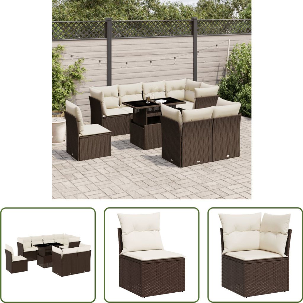The Living Store 9-tlg. Garten-Sofagarnitur mit Kissen Braun Poly Rattan