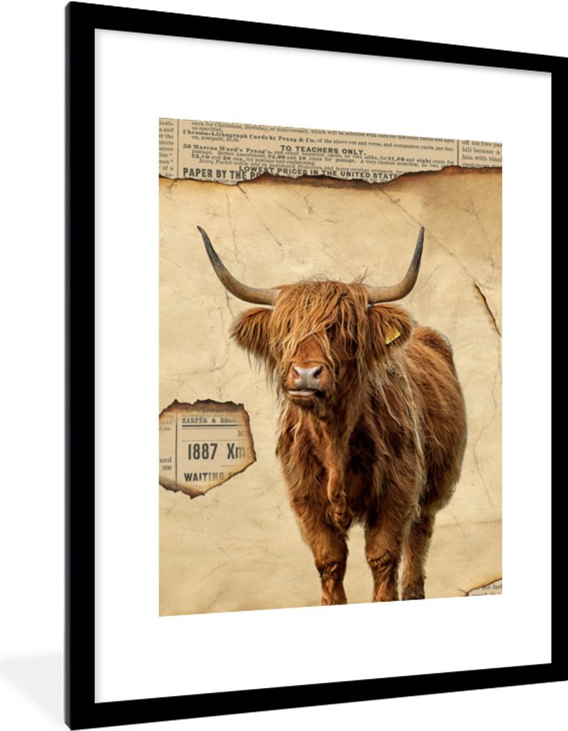 MuchoWow Gerahmtes Poster Schottischer Highlander - Pergament - Retro 60x80 cm - Poster mit Schwarzem Bilderrahmen Wandposter Rahmen Foto Bilder ...