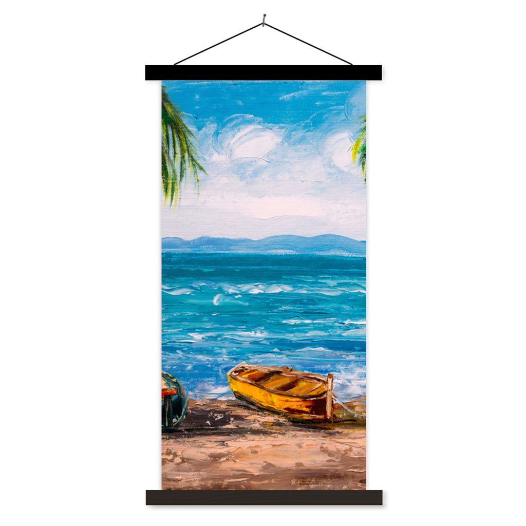 MuchoWow Textilposter Gemälde - Öl auf Leinwand - Strand - Palme - Boot 60x120 cm mit schwarzem Rahmen - Magnete