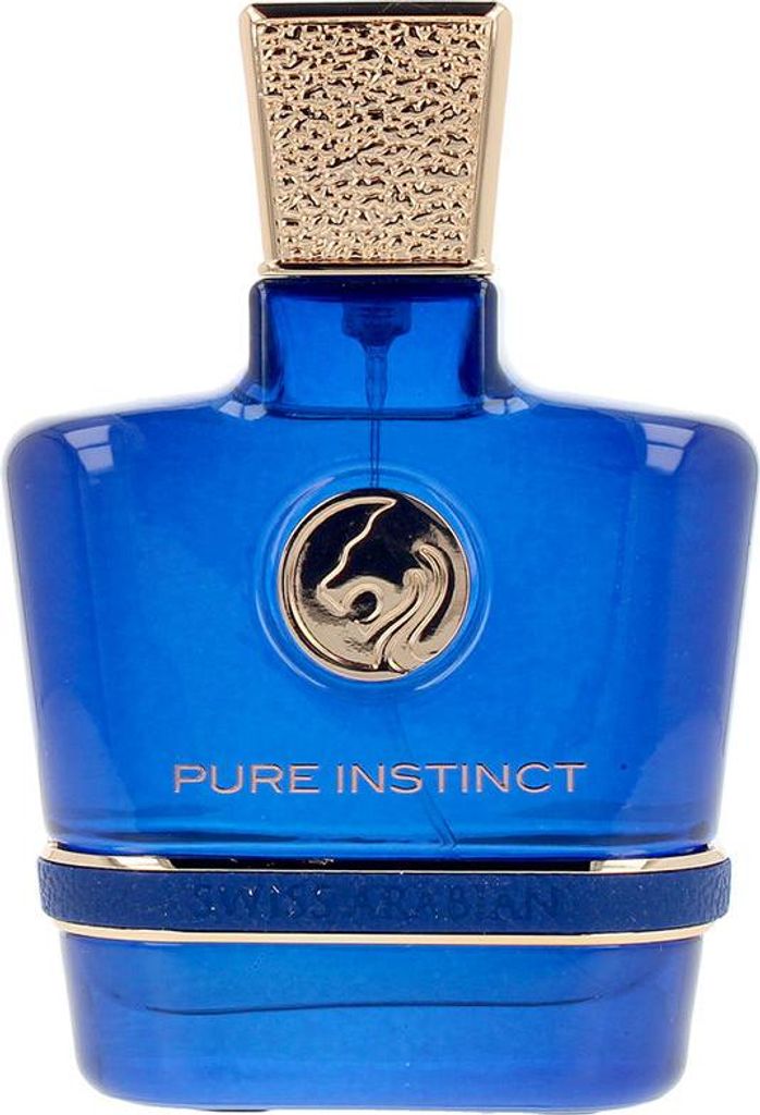 A product shot of a blue perfume bottle with a gold cap and emblem.