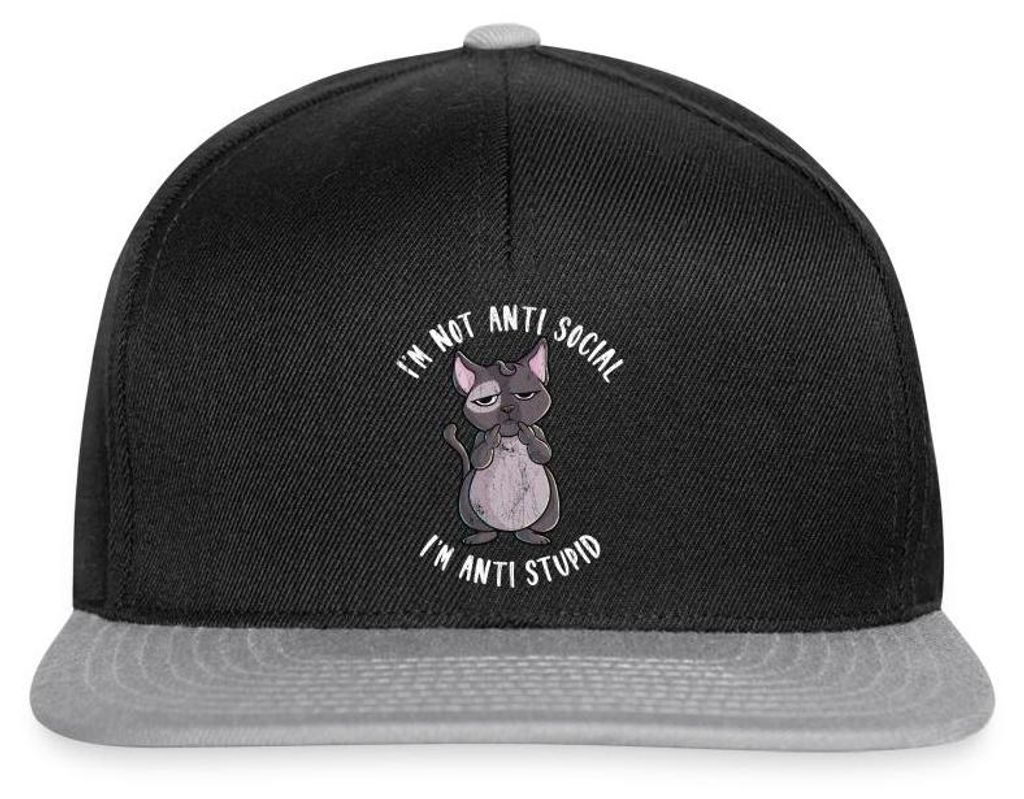 Spreadshirt I’m Not Anti Social I’m Anti Stupid | Genervte Katze Snapback Cap, One size, Schwarz/Grau